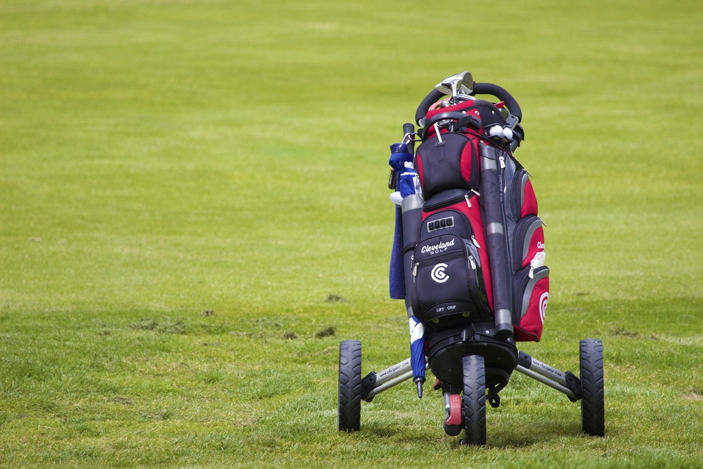 A golf cart with bags loaded, on grass