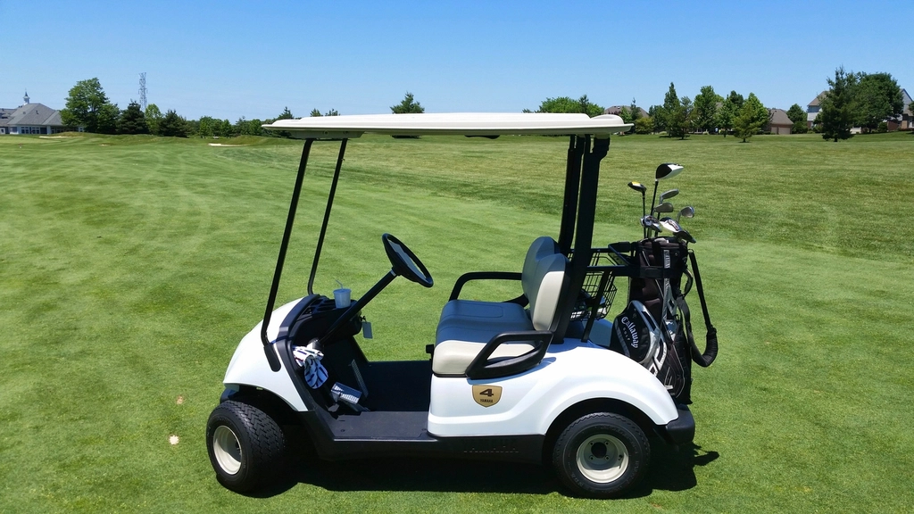 A golf car on a paved path beside a fairway
